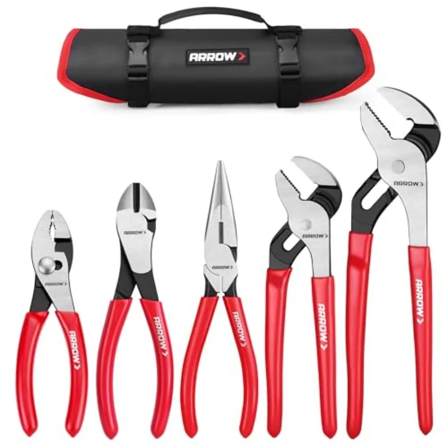 Set di 5 Pinze ARROW: Pinze a Becco Fisso da 6'', Pinze Diagonali da 7'', Pinze a Becco Lungo da 8'', Pinze a Becco a Cucchiaio da 8'' e 10'' con Impugnatura Antiscivolo, Portatili Rolli