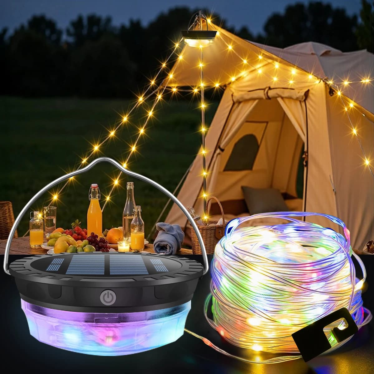 Luci a corda da campeggio solari Luci a corda da fata Lampada solare portatile impermeabile con lanterna da tenda ricaricabile sospesa a 3 modalità