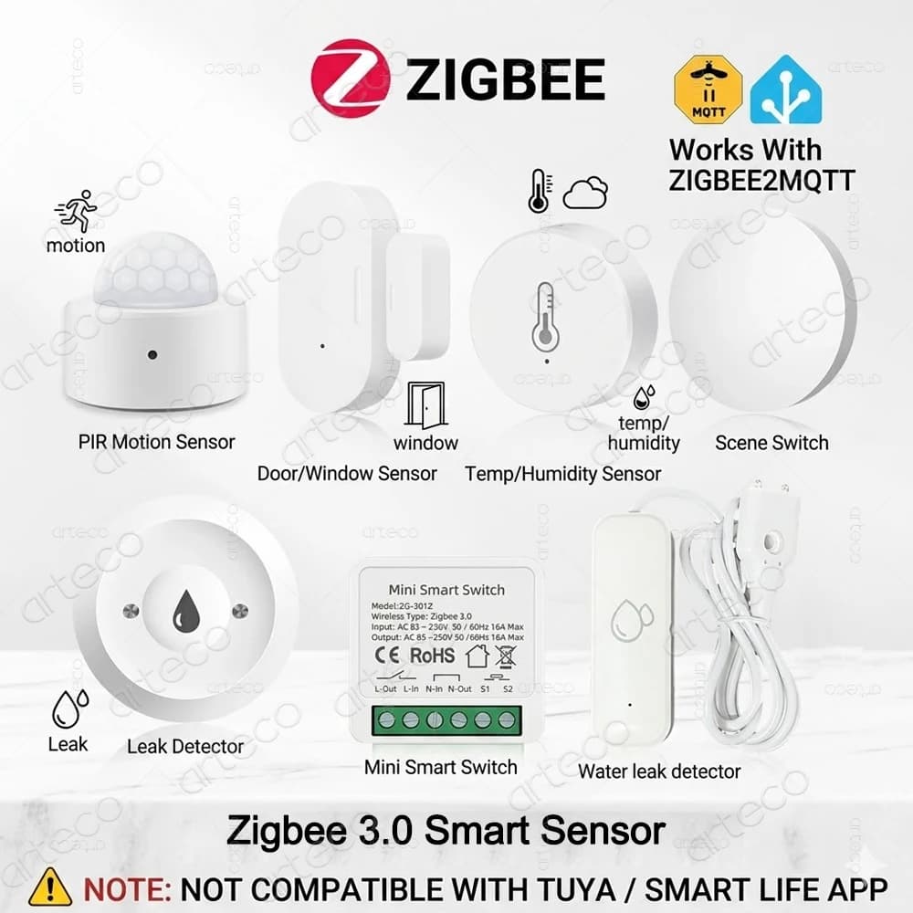 Dispositivi Zigbee 3.0 Sensore di movimento PIR/Sensore di umidità della temperatura/Interruttore di scena con pulsante intelligente/Rilevatore di perdite d'acqua/Sensore porta/Hub