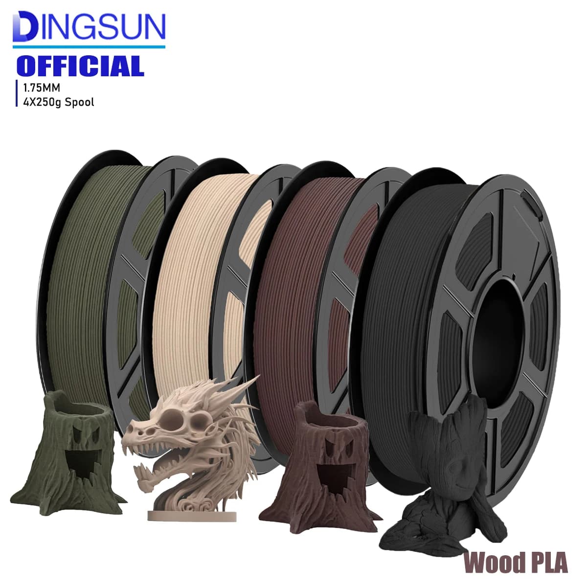 Packaging for beginners with 1.75 mm PLA wood filament, individually vacuum packed, 250 g/500 g/1000 g coil, black wood + walnut + nails + cyan wood