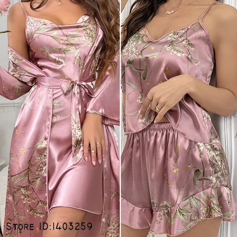 Women's Pijama Set of Four Pieces Loungewear Print Sexy Cherry Sleepwear Bathrobe Night Shirt Spring Summer Satin Home Wear Lingerie