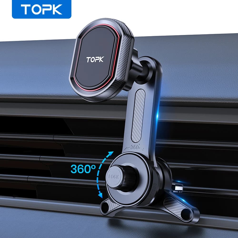 TOPK Magnetic Car Phone Mount,3-Point Support 360° Extended Arm Extendable Metal Hook Powerful Magnetic Phone Holder for Cars