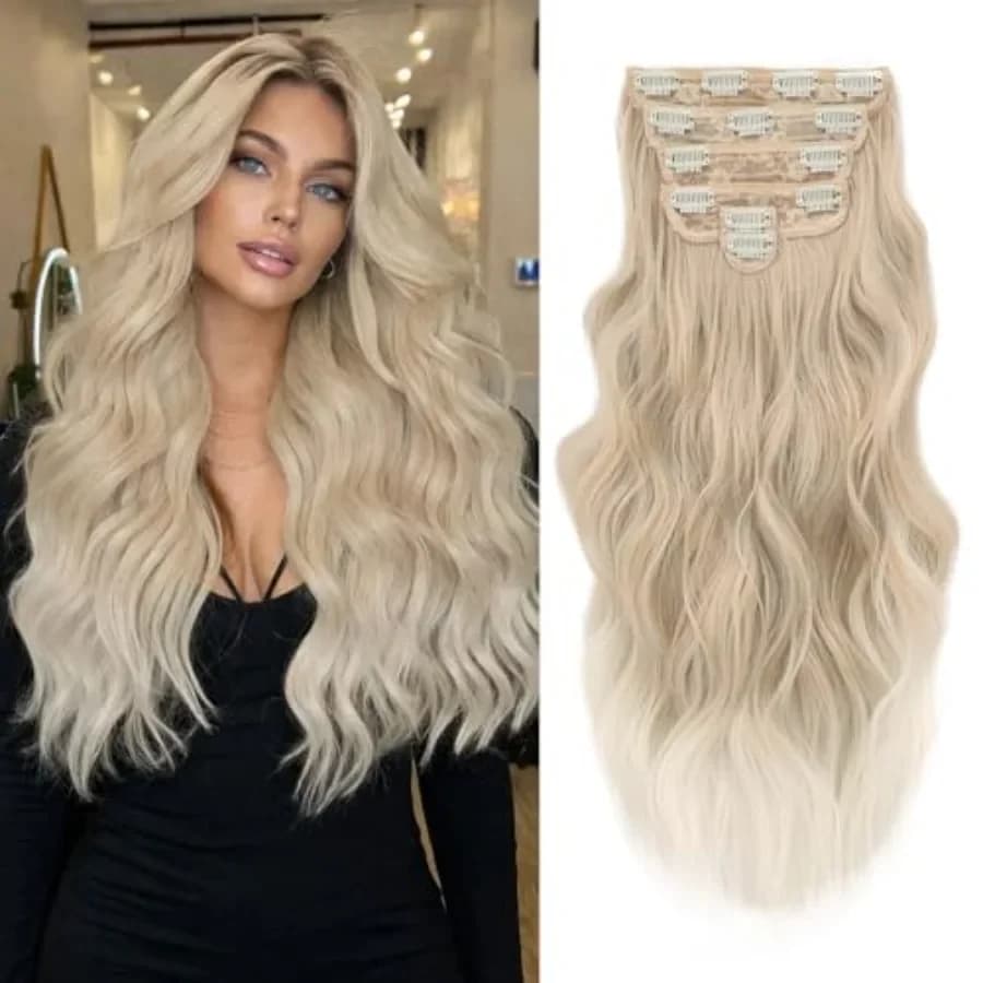 Clip in Hair Extensions for Women 20 Inch Long Wavy Curly Blonde Hairpieces Full Head Synthetic Hair Hairpieces 6PCS, Blonde
