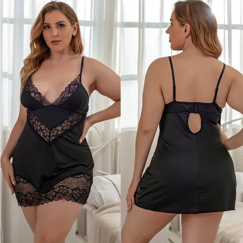 Plus Size Nightgown Loose Body Hugging Dress Black Lace Nightdress Strappy Ice Silk Pajamas Plus Size Pjs Women Sexy babydoll