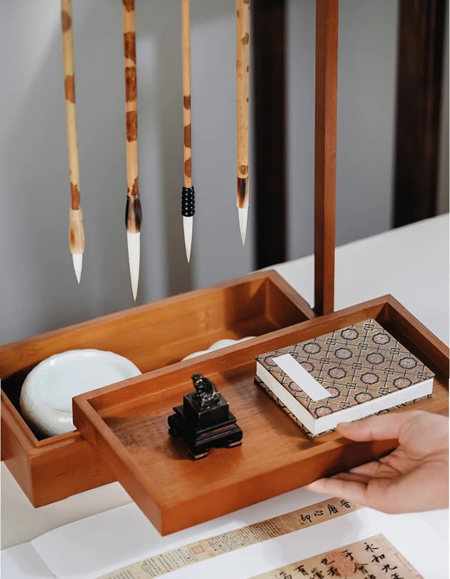 2-Tier Bamboo & Wood Brush Hanging Rack - Multi-functional Brush Rest & Storage Shelf, Calligraphy & Painting Set, Desk Organize