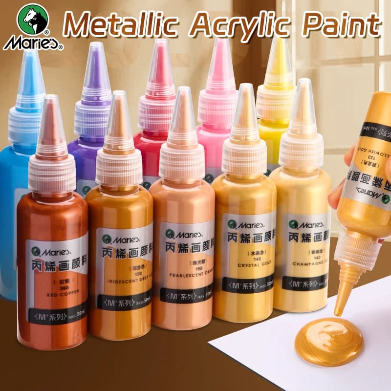 Vernice acrilica metallizzata da 50 ml di Marie, pigmenti lucidi ricchi perlescenti con bottiglia, nastro dorato per pittura artistica fai da te, legno, vetro