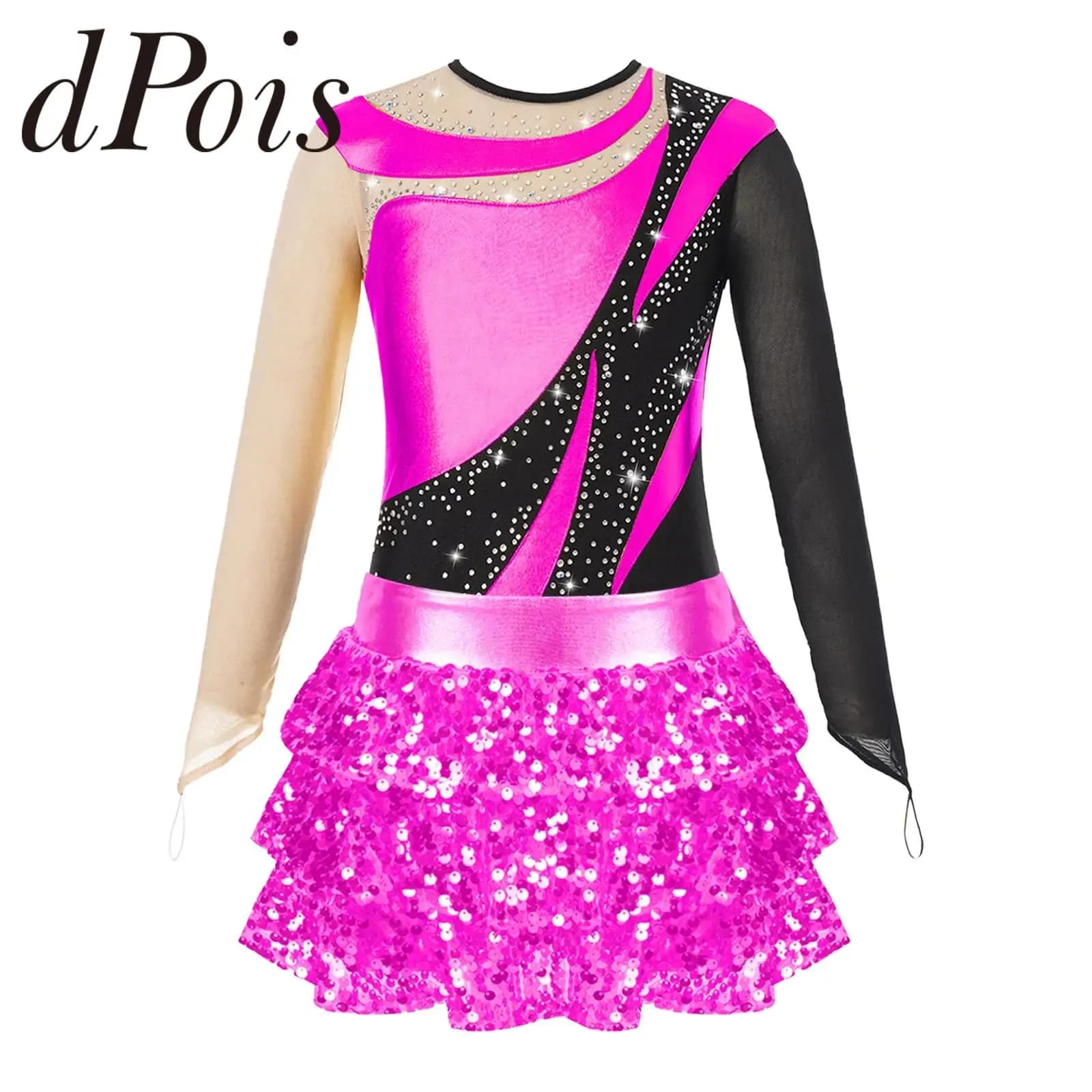 Body da ginnastica a maniche lunghe per bambina con paillettes lucide pantaloncini con gonna adolescenti tuta da pattinaggio artistico abiti da ballo di balletto