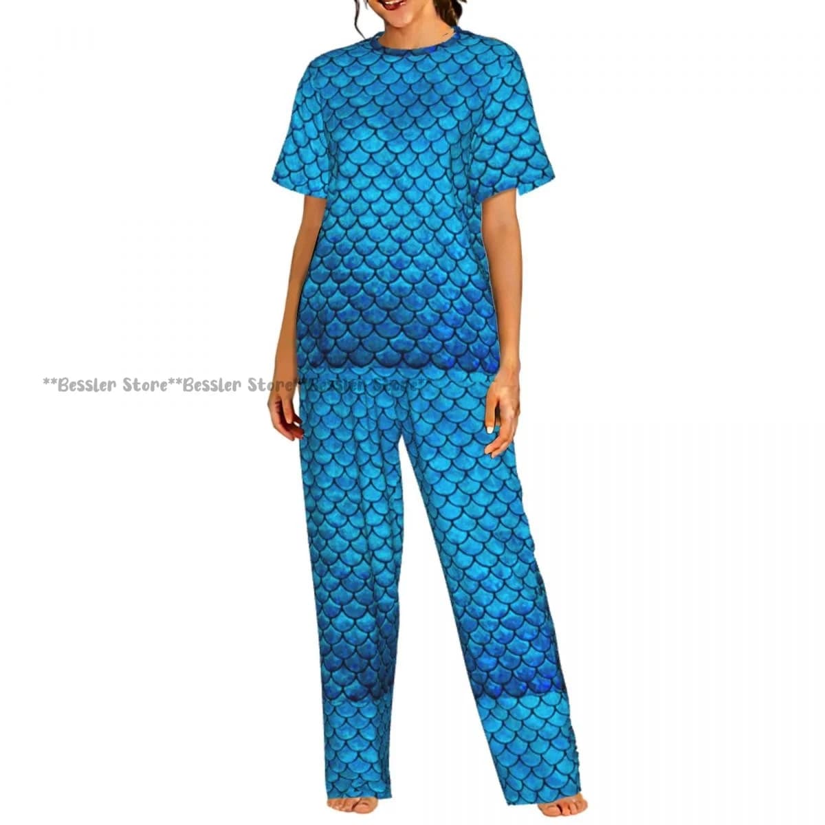 Women's pyjamas with mermaid print, short sleeves, for leisure and night