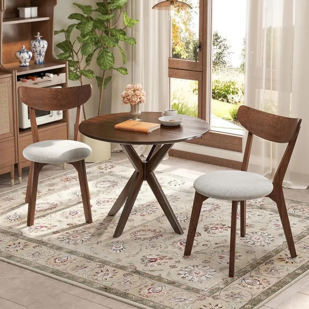 Set da pranzo rotondo Century per 2 persone, tavolo da cucina in legno e 2 sedie con sedili imbottiti, set da pranzo compatto da 3 pezzi o piccolo