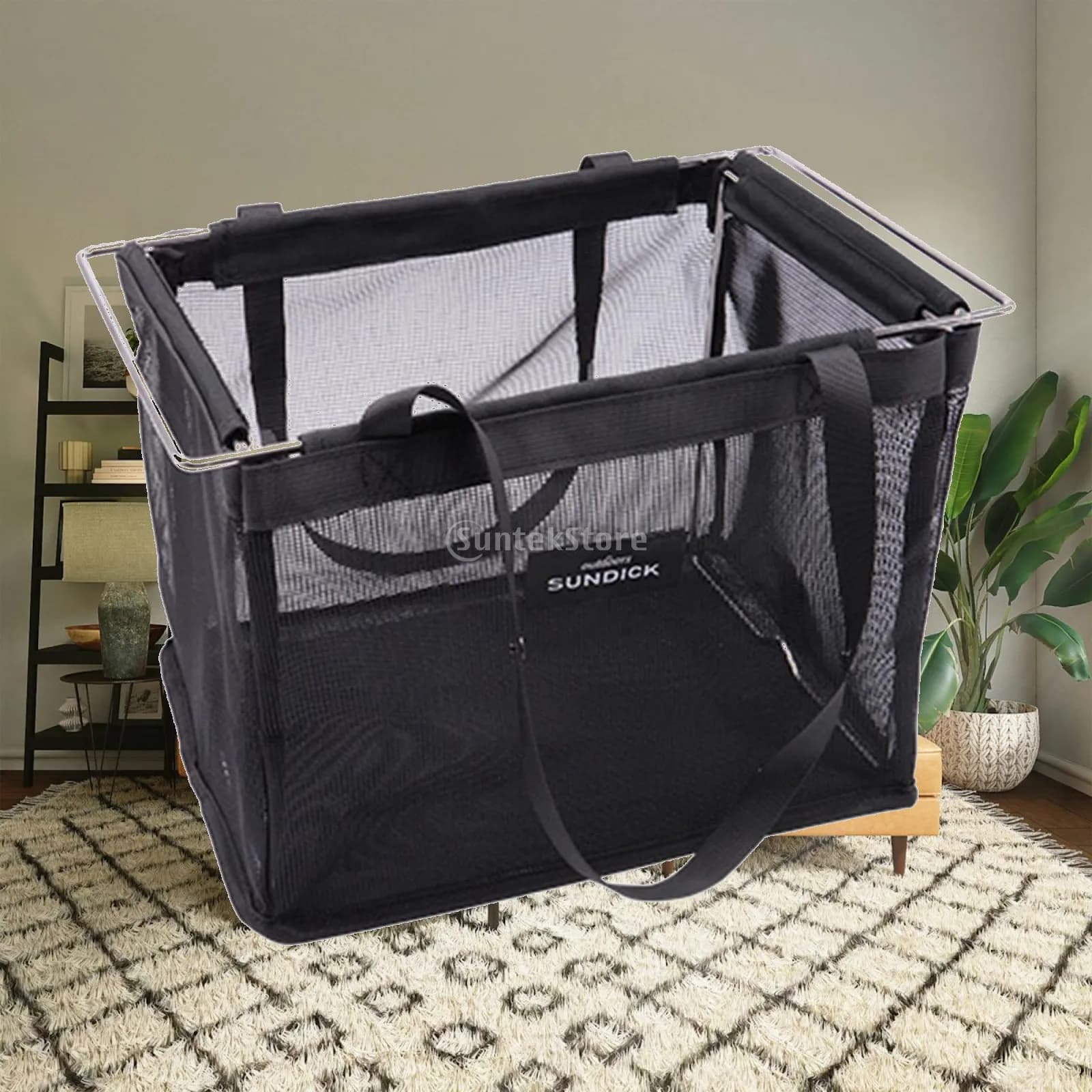 Picnic Basket, Shopping Bag, Large Ventilation Black Reusable Mesh Basket, Foldable for Camping Outdoor Beach Laundry Summer