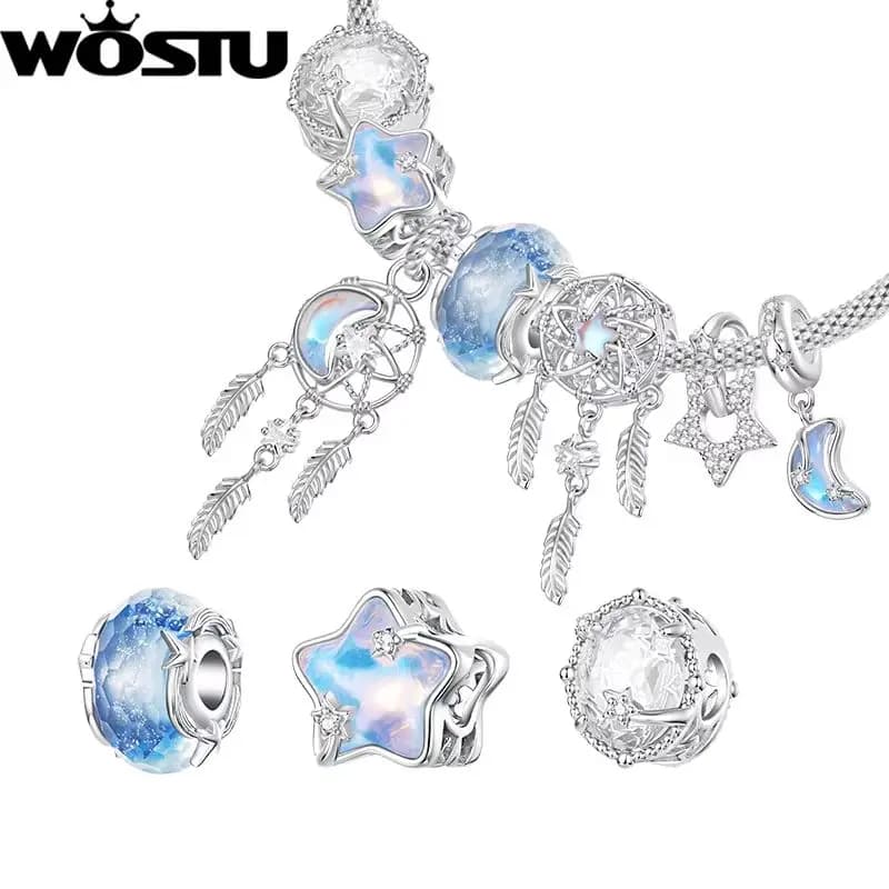 Wostu Copper Shooting Star Charm Moon Dreamcatcher Pendant plated White Gold for Women Birthday Party Gift Fashion Jewelry