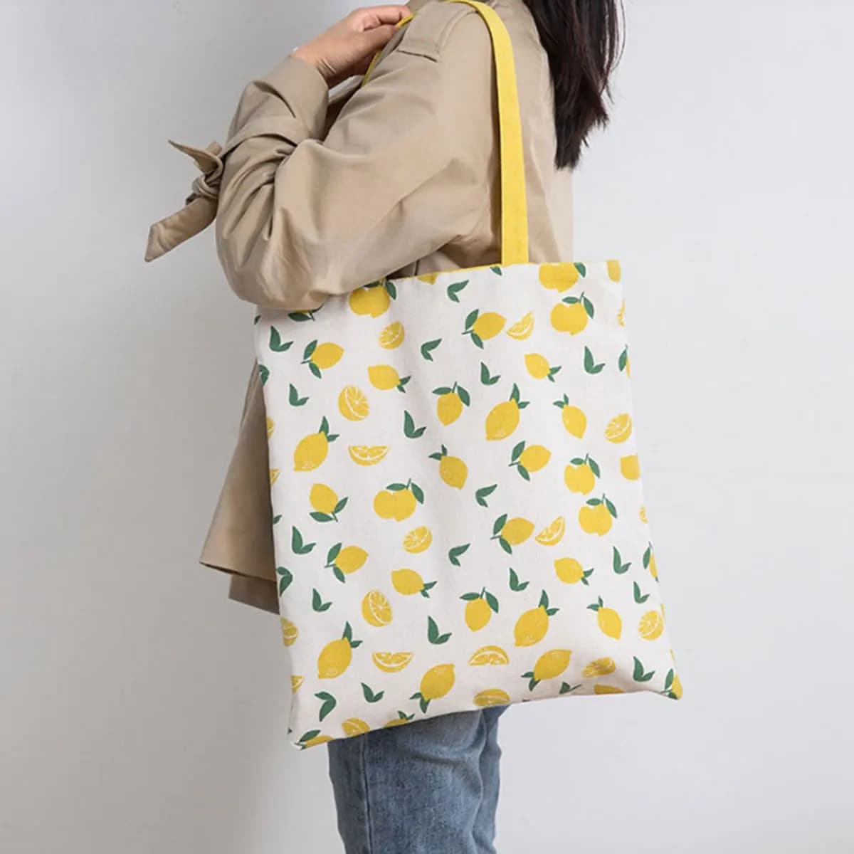 Giallo giallo limone stampato a caso doppio doppio con borsa a tracolla portatile in tela per confezione