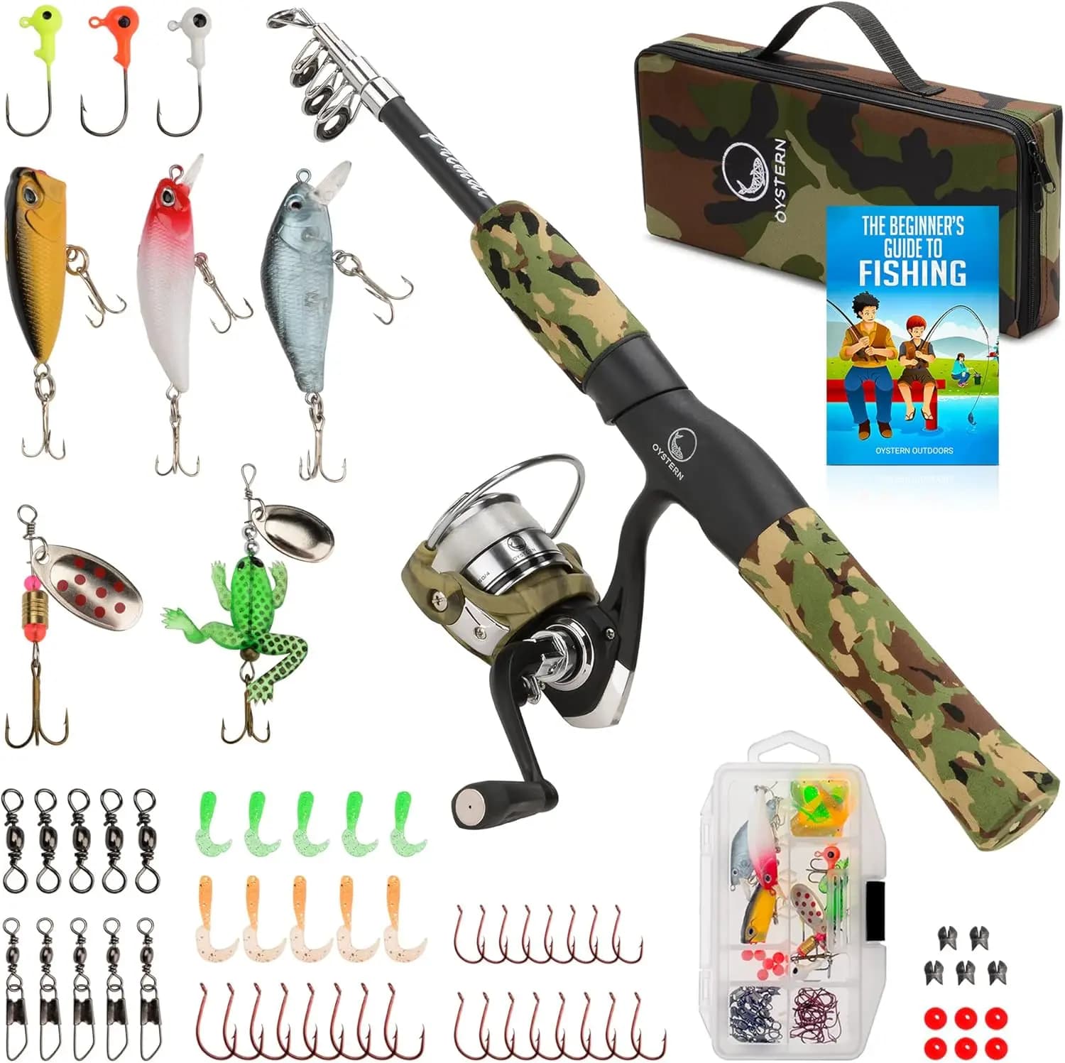 Kit da Pesca per Bambini con Mulinello, Borsa da 62 Pezzi, Lenza da 4 libbre, Canna Telescopica, Attrezzatura da Pesca per Giovani