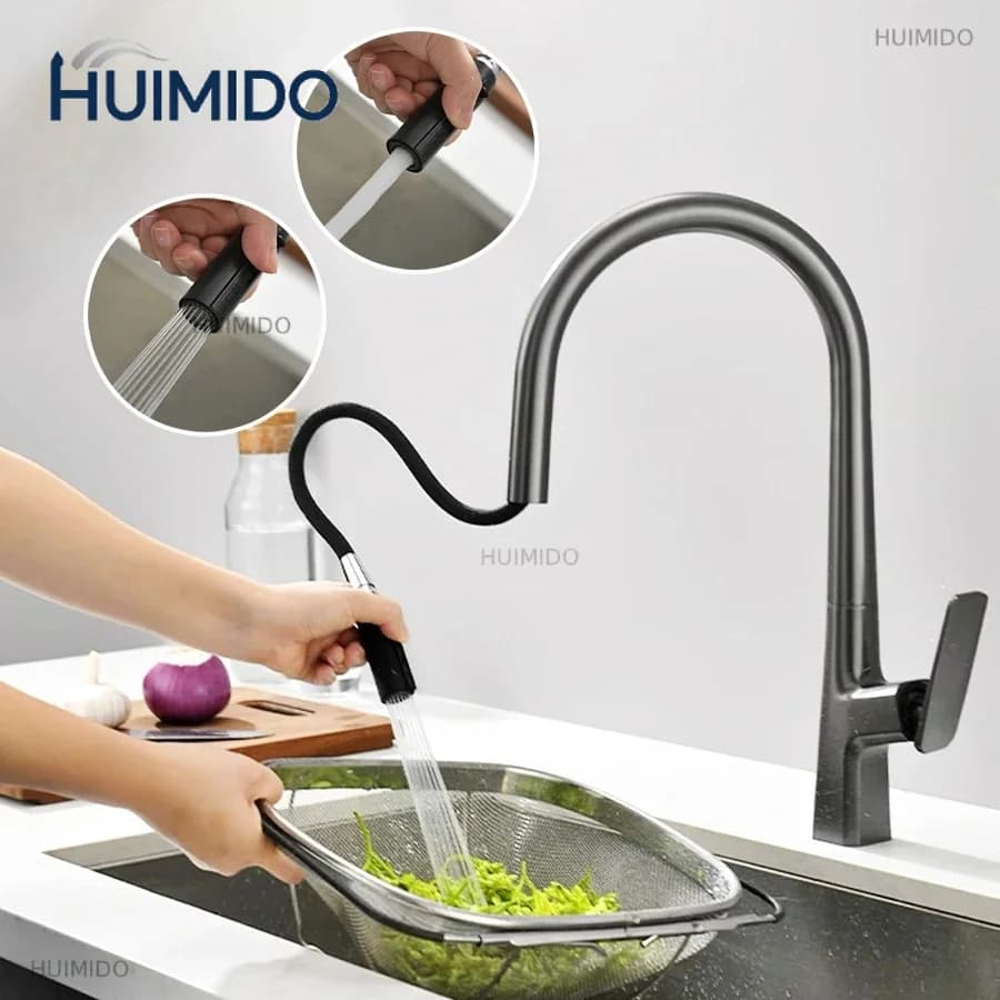 Pull Out Kitchen Sink Faucet Stream Sprayer Kitchen Gourmet Faucet Rotatable Basin Mixer Water Tap Hot Cold Crane Brass Grey