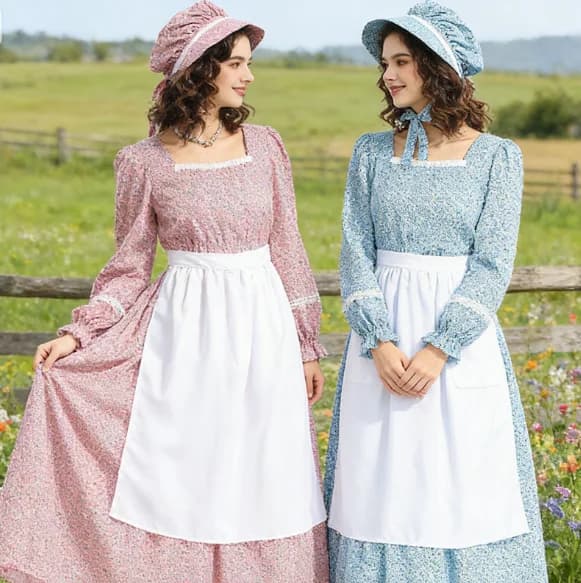 Abito floreale Pioneer Prairie Pink con scollo quadrato, set da 3 pezzi, copricapo, grembiule, per feste e celebrazioni