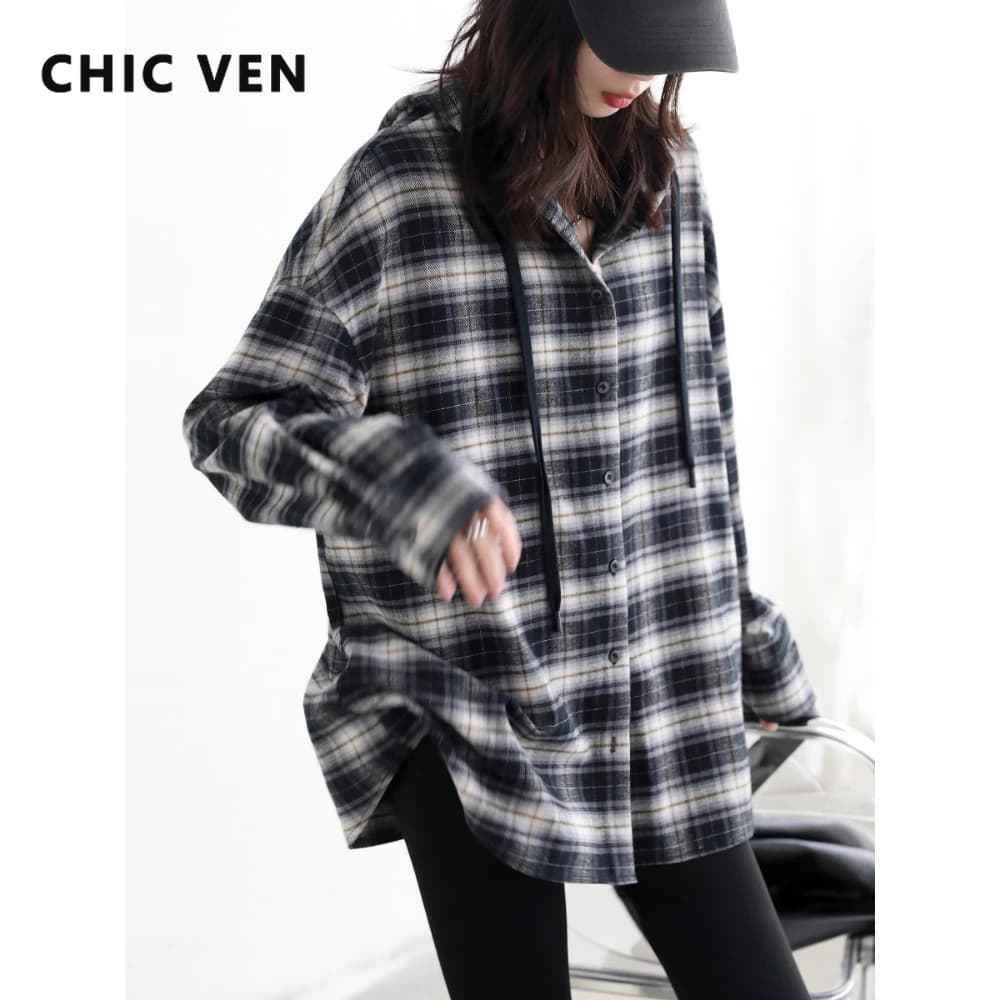 CHIC VEN Camicia da donna coreana Nuovo cotone spazzolato Camicette scozzesi con cappuccio a maniche lunghe Cappotto femminile oversize Autunno Inverno 2025