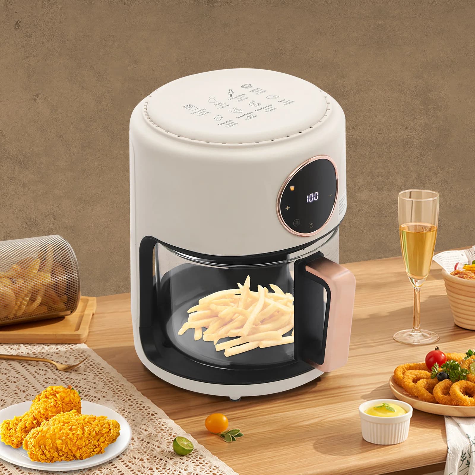 Friggitrice ad Aria in Vetro 360 ° Friggitrice ad Aria con Griglia in Acciaio Inox per Casa, Cucina, Ristorante e Riunioni Familiari