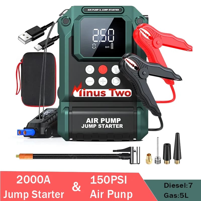 Avviatore d'Emergenza per Auto 2000A, Power Bank Portatile con Pompa d'Aria 150PSI, Dispositivo di Avviamento di Emergenza per Batteria Auto, 21800mAh