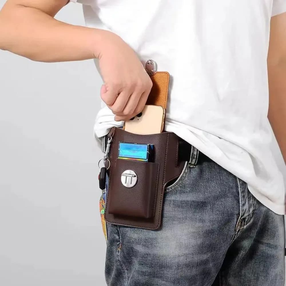Men PU Leather Multifunctional Portable Belt Pouch Card Key Holder Practical Gift Vertical Phone Waist Pack Holster Daily Use