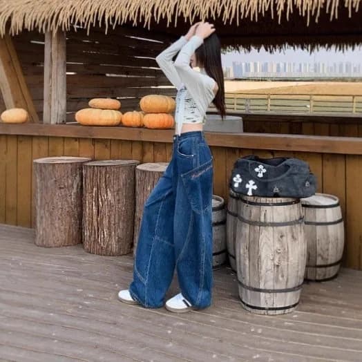 Jeans da donna primaverili taglie forti a vita alta, gamba larga, casual, in denim, a gamba dritta, con drappeggio fluido