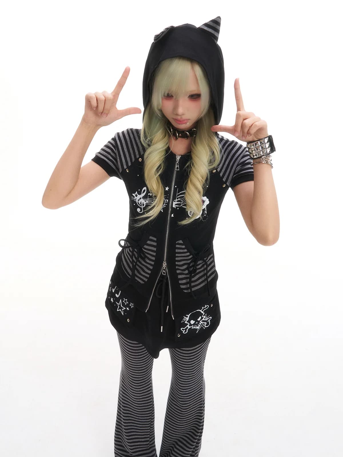 Retro Print Patchwork Slim Fit Ear Zipper Hoodie Short Sleeve T-Shirt Summer Casual Knitted Top for Women Chinese Style