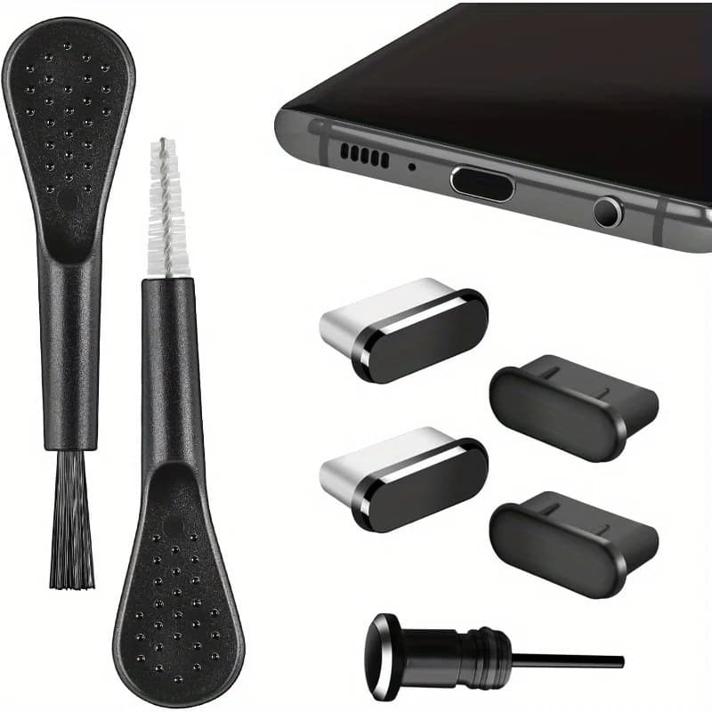 7-Pack USB C Anti-Dust Plugs and Cleaning Brushes Set Aluminum Alloy Port Covers and Cleaner Kit for iPhone 16 17 Samsung Galaxy