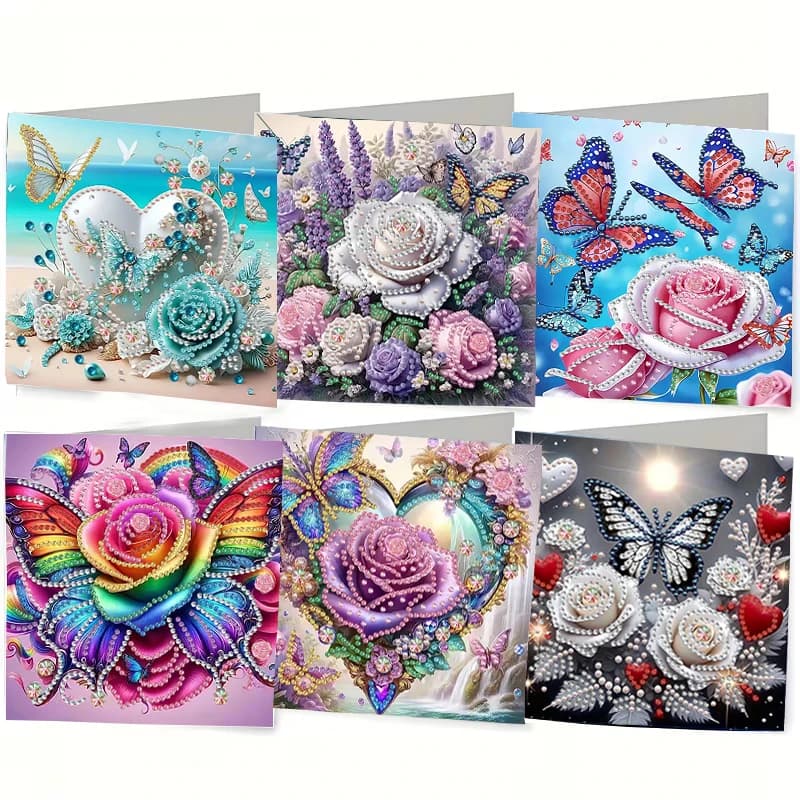 Set di 6 Kit per Pittura Diamante Fai-da-Te, Set di Biglietti di Auguri, Design Unico con Motivi Floreali, Cartoline con Mosaico di Diamanti Adesivi