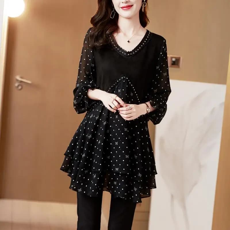 2023 nuovi pullover a pois interni lappatura Casual manica lunga top donna o-collo abbigliamento donna primavera autunno t-shirt sottili