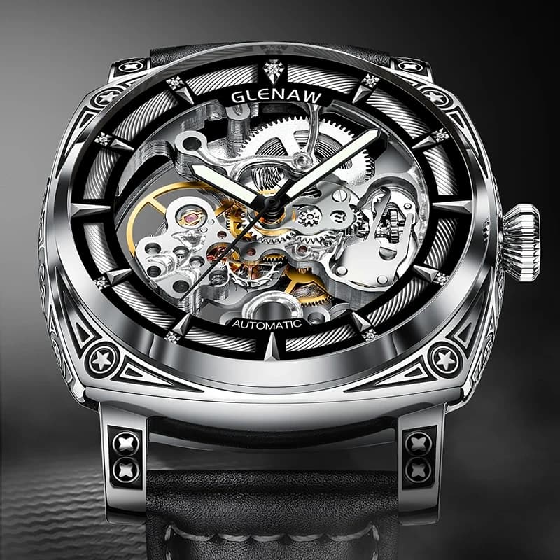 GLENAW Orologi da uomo Top Brand di lusso Orologio meccanico con incisione cava Orologio da uomo impermeabile in acciaio inossidabile Relogios Masculino