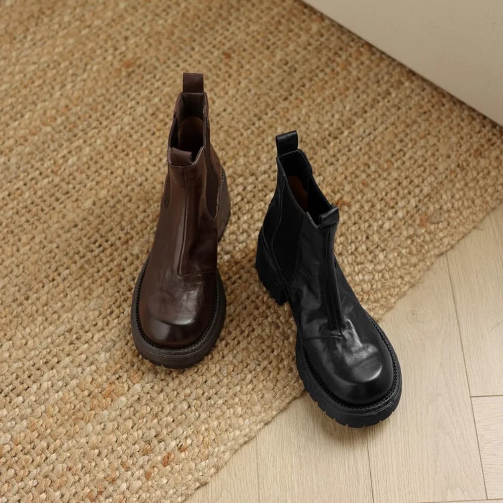 New 2026 Trend Autumn Winter Genuine Leather Women Chelsea Ankle Boots Low Block Heels Round Toe Slip on Boots(Black/Brown)