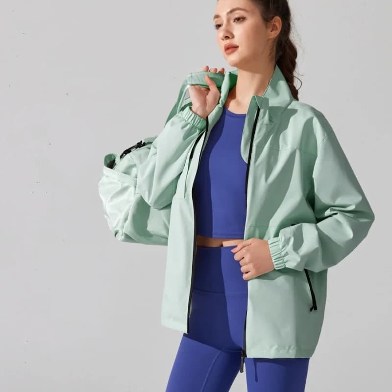 Giacca a vento a tre prove per esterni Colletto alla coreana Tinta unita Cappotto sportivo da corsa Comodo giacca fitness alla moda allentata
