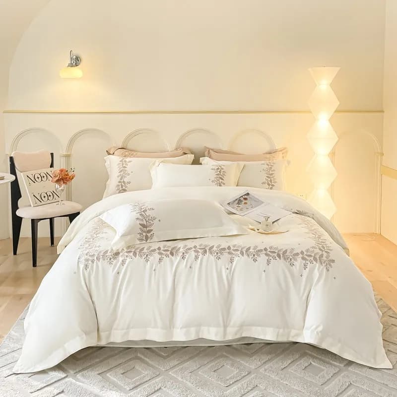 Set copripiumino bianco con ricamo floreale 4 pezzi 100% cotone morbido ed elegante Set biancheria da letto 1 copripiumino 1 lenzuolo aderente/piatto 2 federa