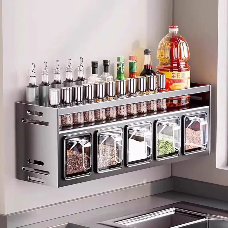 AOLIVIYA Wall Mounted Spice Rack Kitchen Storage Rack Seasoning Bottle Jar Holder Set For No Punching Cabinet Organizer