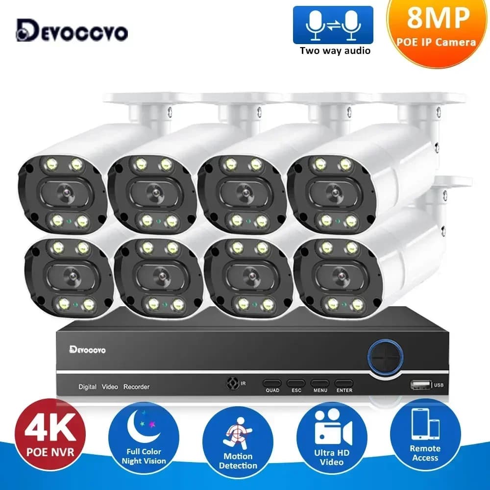 4K POE NVR Kit 8CH 8MP 2 Way Audio Security Camera System Color Night Vision CCTV IP Bullet Camera Video Surveillance 4CH System