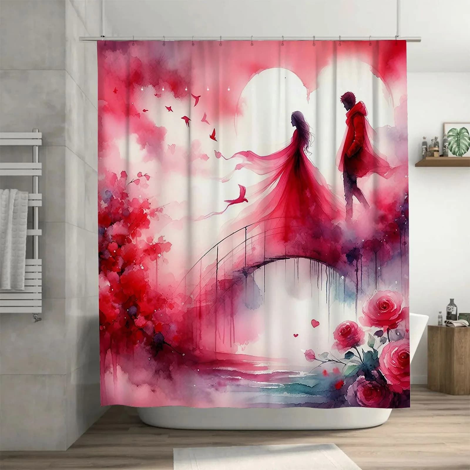 Coppia romantica sul ponte Tenda da doccia impermeabile, design artistico per l'arredamento del bagno, migliora l'atmosfera romantica