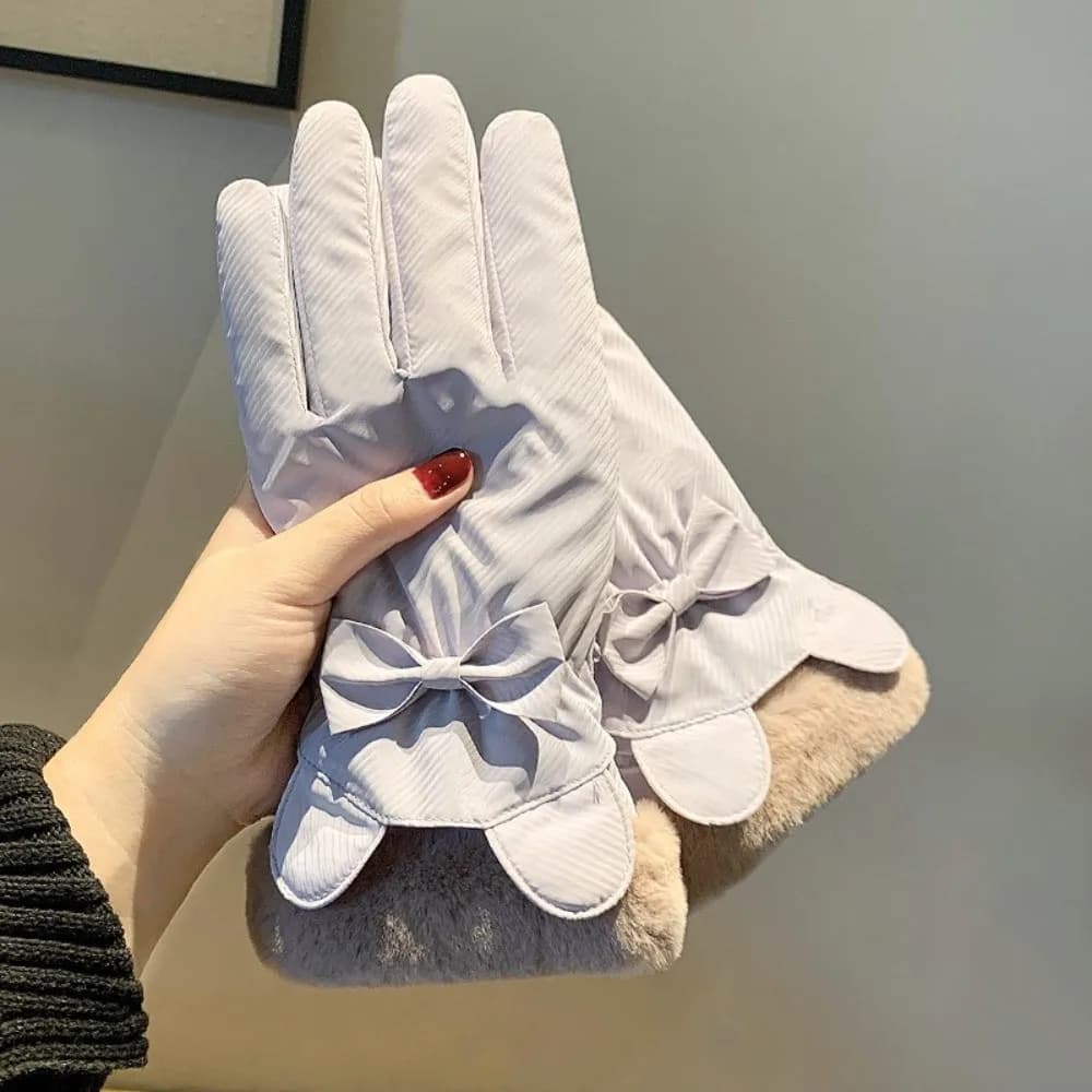 Stylish Polyester Fleece Lined Winter Thermal Gloves Waterproof Warm Cold Weather Gloves Bow Decor Windproof Gloves For Women