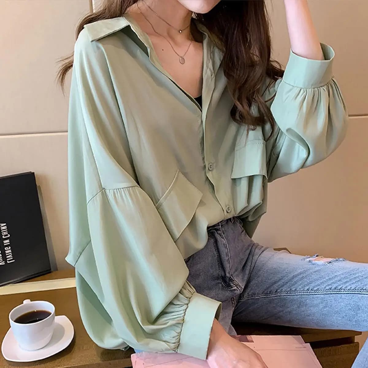 plus Size Loose Women's Shirt Conceal Meat Trendy Long Sleeve Collar Button down Polyester Fiber Casual Fashion