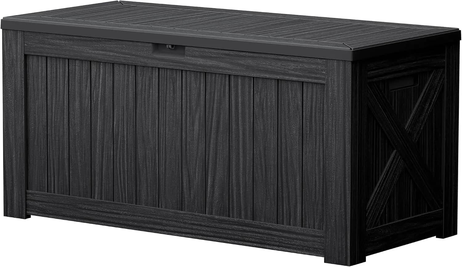 Outdoor Storage Box, Waterproof Deck Box, Patio Storage Bench, Yard Porch Garden Poolside Organizer, Lockable Heavy Duty Large Capacity, Wood Grain Texture, Black