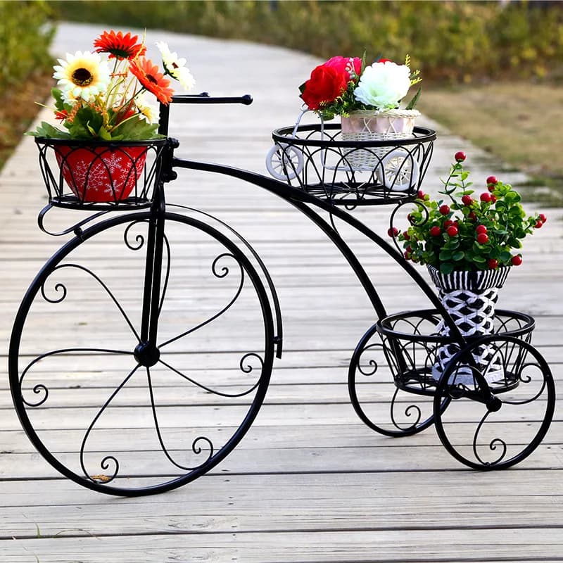 Supporto per fiori da bicicletta in ferro battuto, stile europeo, vaso da fiori da pavimento per interni, cesto appeso per bici a 3 ruote, supporto in metallo, Rack