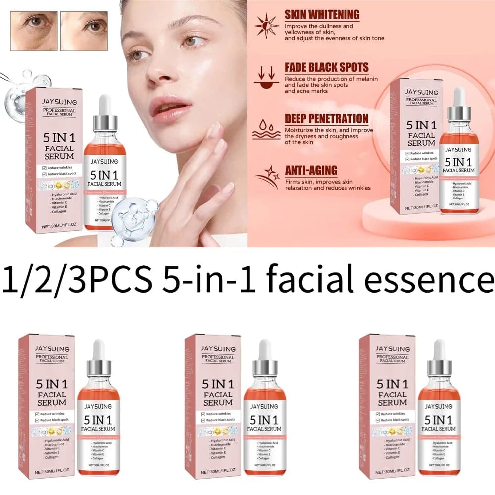 Siero Viso 5 in 1 Anti-Rughe, Rassodante, Idratante e Illuminante con Vitamina C e Acido Ialuronico, 1/2/3 Pezzi, Olio per la Cura della Pelle