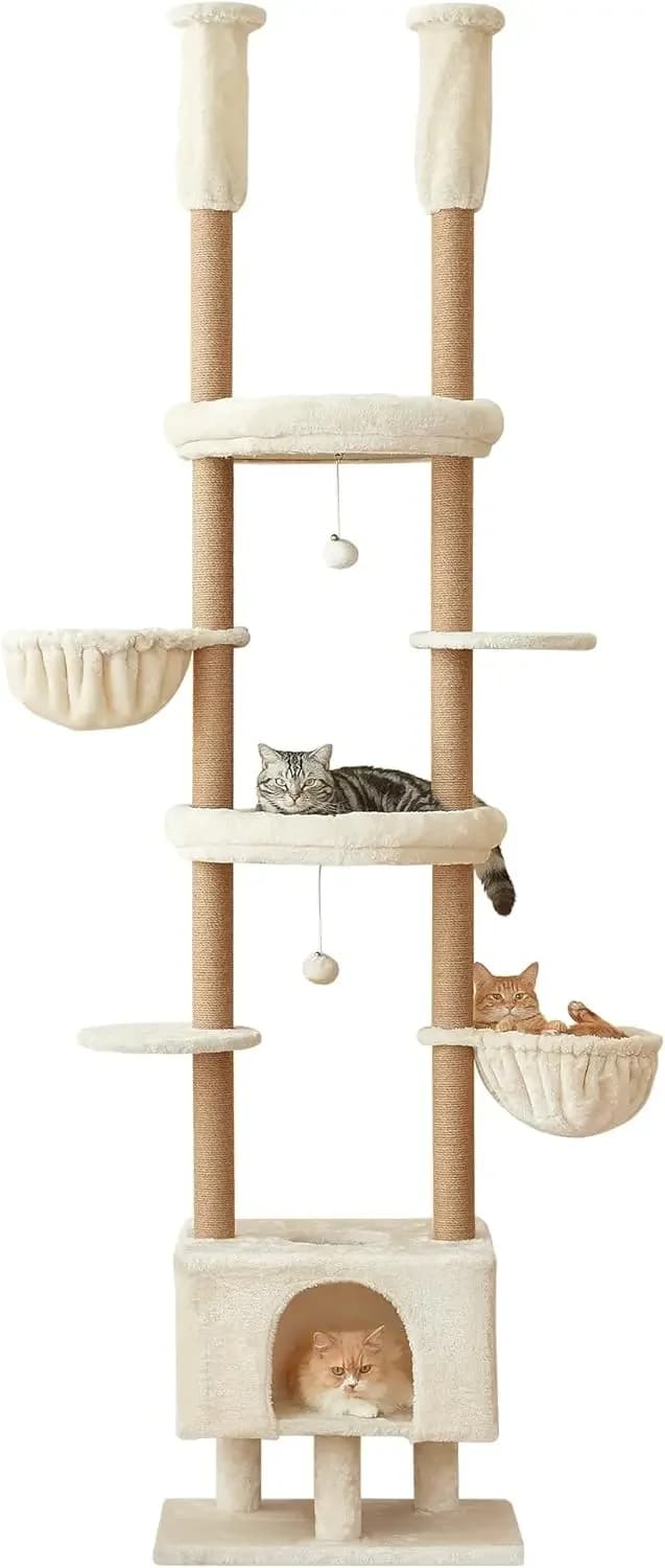Albero per gatti da pavimento a soffitto, regolabile in altezza, con torre per gatti, piantana in sisal, cuccia, amache e area gioco per gatti da interno