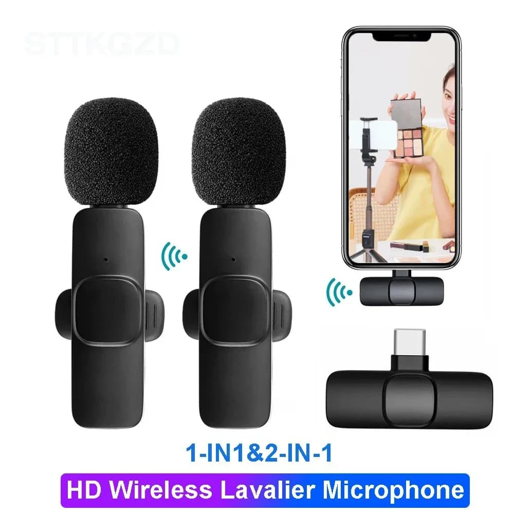 Microfono Lavalier wireless con copertura antivento per registrazione audio e video, mini microfono per iPhone e telefoni Android.