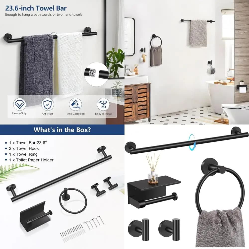 Set di accessori da bagno da 5 pezzi nero opaco con portasciugamani a parete, porta carta igienica e ripiano