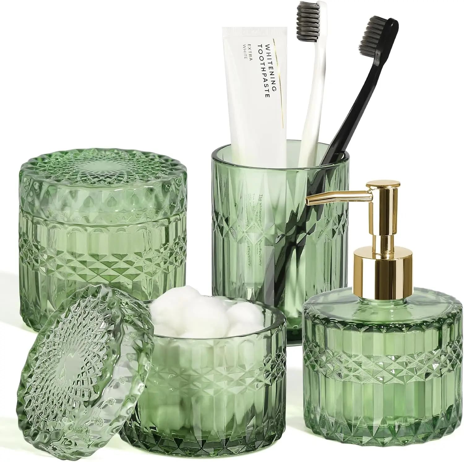 Set di Accessori per Bagno Verde 4 Pezzi, Dispenser di Sapone in Vetro e Set Portaspazzolino per Piano del Bagno in Stile Vintage