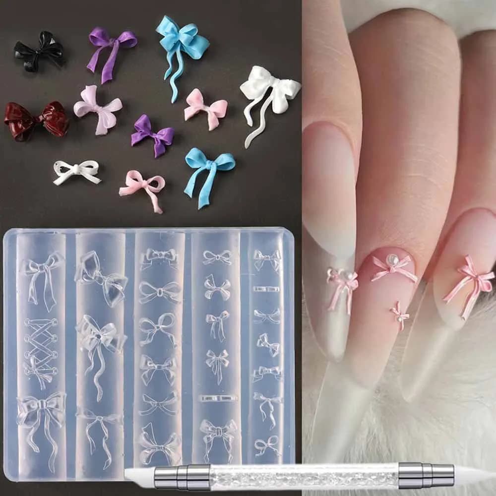 1Pc 3D Bowknot Stampo per unghie in silicone con penna per intaglio Nastro morbido Arco Piastre per timbratura Kawaii Ballet Bow Stampo per manicure fai da te