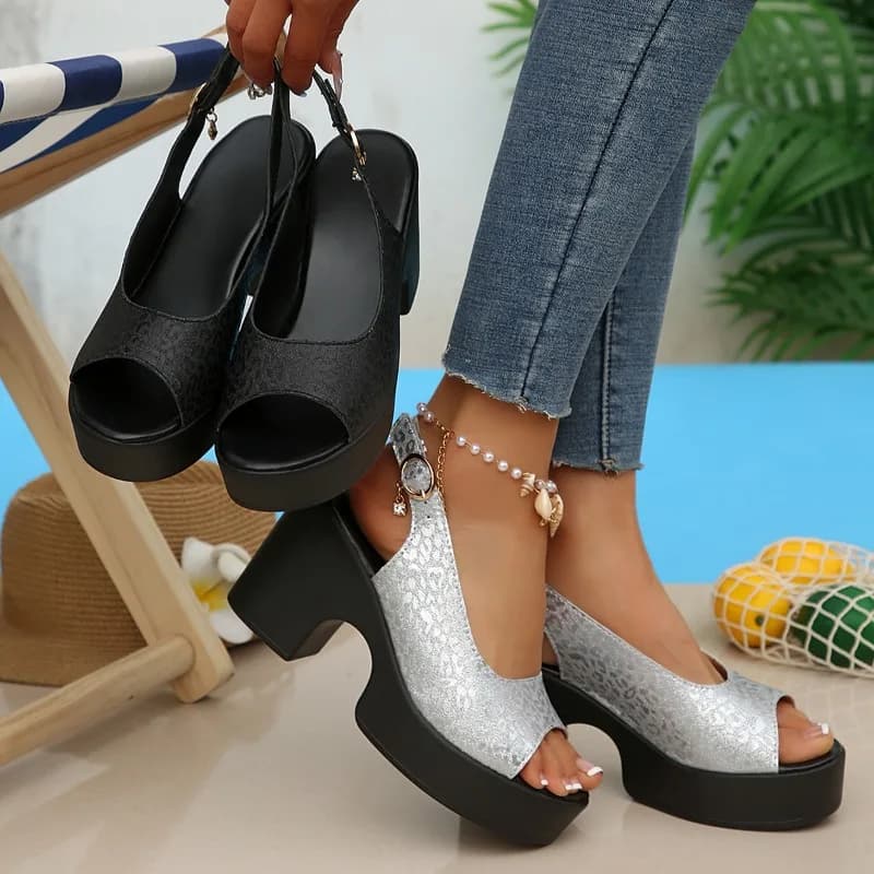 Nuovi Sandali da Donna con Plateau e Punta Aperta, Moda Estiva, Tacco Quadrato, Scarpe Femminili Casual Comode con Tacco Alto e Design Traforato