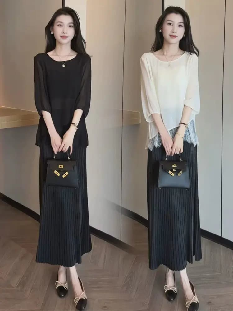 Completo da donna estivo casual con gonna midi a vita alta e gonna a pieghe a trapezio, con pannello in pizzo alla moda e maniche irregolari, due pezzi