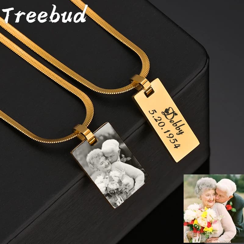 Treebud Collana con foto personalizzata Immagine incisa al laser in acciaio inossidabile Logol Testo Rettangolo Catena di serpenti Gioielli con ciondolo Regali
