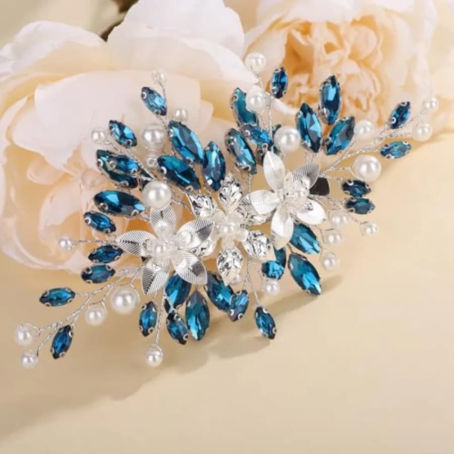 Fermaglio per capelli blu per sposa e damigella d'onore, accessorio per capelli con perle laterali per donna, gioielli fatti a mano per occasioni speciali