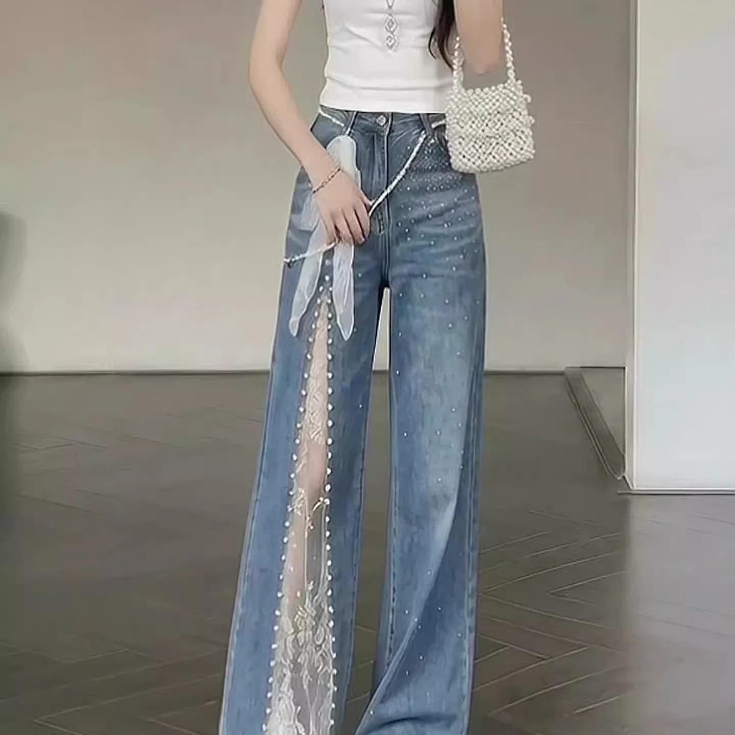 Straight-leg jeans with lace and pearl splicing design, blue high-waisted loose slim fit jeans